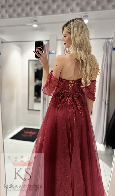 Sukienka długa gorset opadające rękawki tiul bordo
