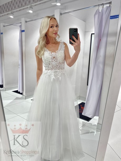 Sukienka długa tiulowa dekolt biały