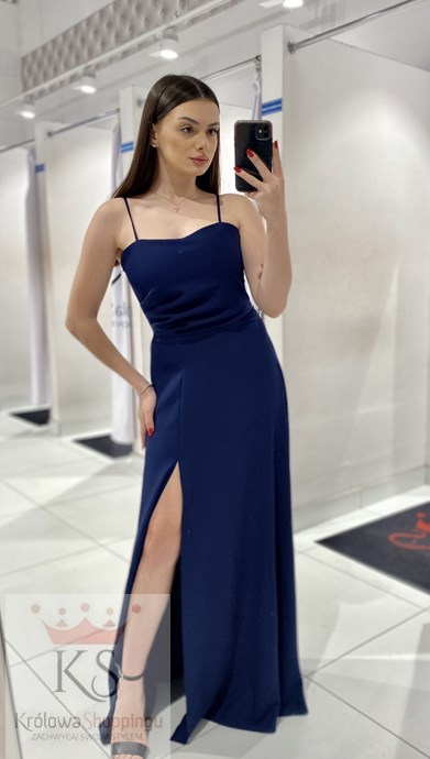 Sukienka długa wiązanie plecy gładka granat