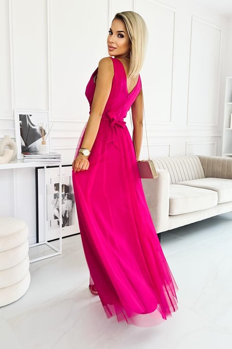 Sukienka długa ramiączka pasek tiul róż