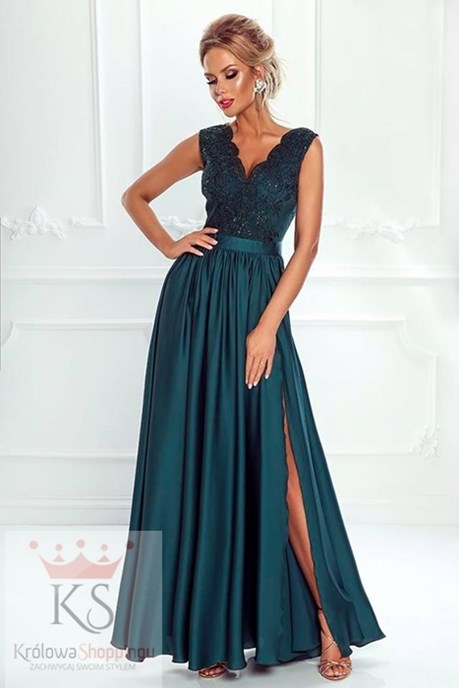 Sukienka długa szerokie ramiączka koronka zielony