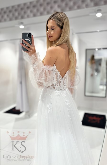 Sukienka długa rękawki gorset tiul brokat biel