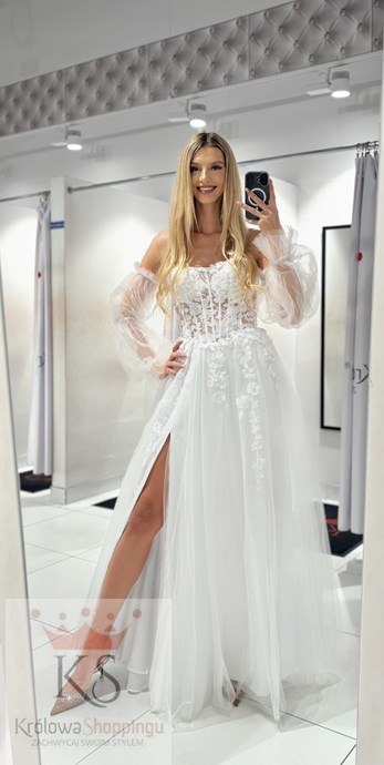 Sukienka długa rękawki gorset tiul brokat biel