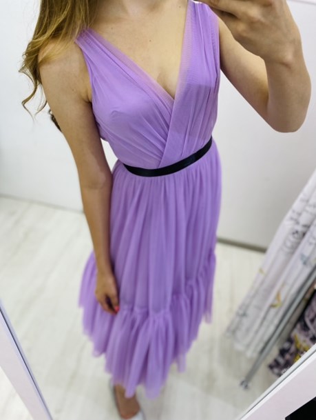 Sukienka midi tiul głęboki dekolt lilia