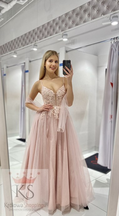 Sukienka długa gorset tiul brokat cyrkonie puder