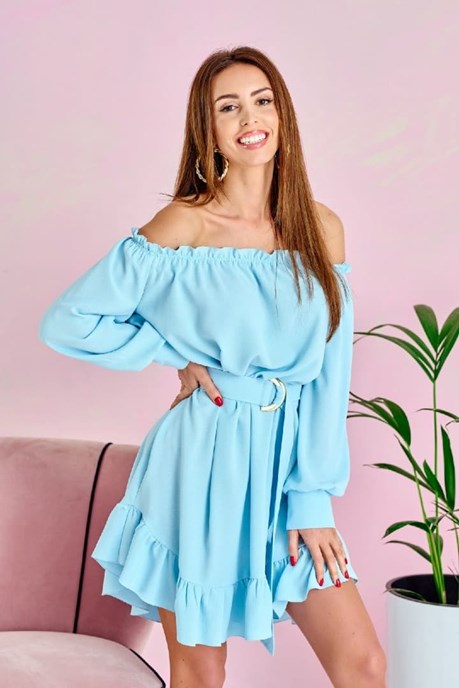 Sukienka krótka hiszpanka z falbanką błękit