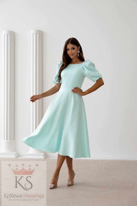 Sukienka midi 3/4 rękawek wiązanie plecy mięta