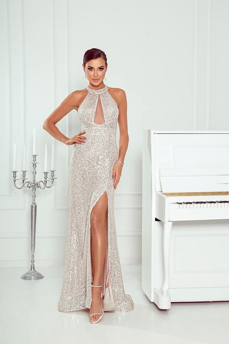 Sukienka długa dekolt z siateczką cekiny srebro