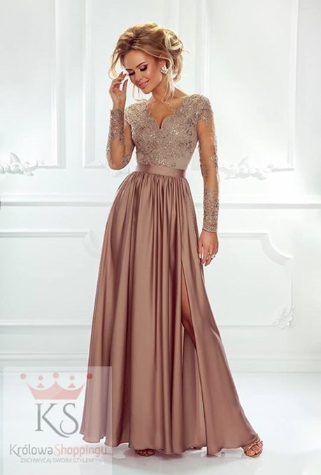 Sukienka długa koronkowy rękaw kawowa