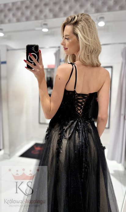 Sukienka długa asymetria tiul czerń/krem