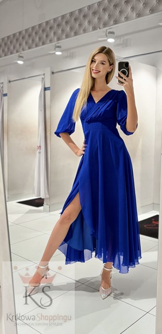 Sukienka długa rękaw pas chaber