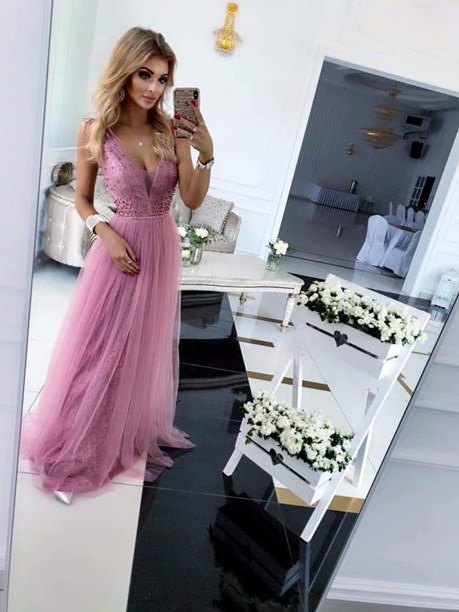 Sukienka długa tiulowa ozdobna góra wrzos