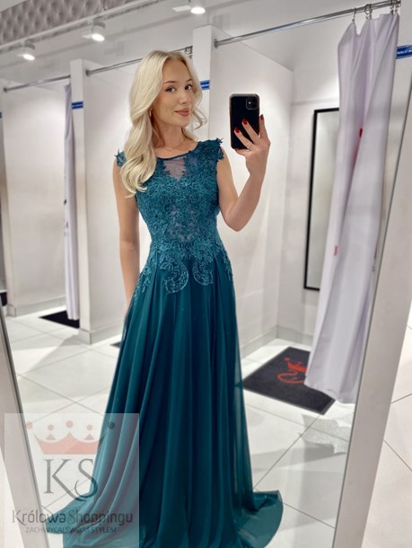 Sukienka długa koronka odkryte plecy zielony
