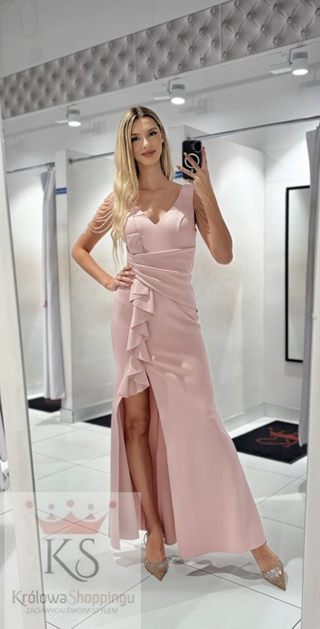 Sukienka długa falbana koraliki ramiona róż