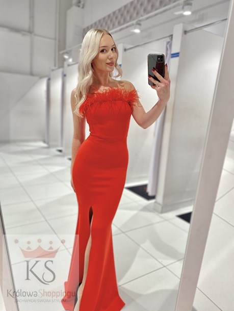 Sukienka długa rybka pióra bez ramiączek czerwień