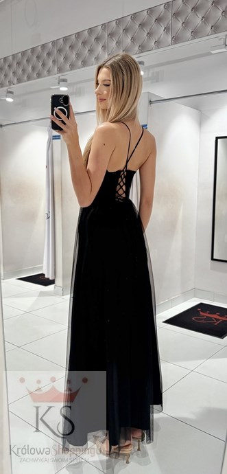 Sukienka długa tiul wiązane plecy brokat czerń