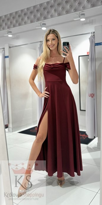 Sukienka długa marszczenie opadający rękaw bordo