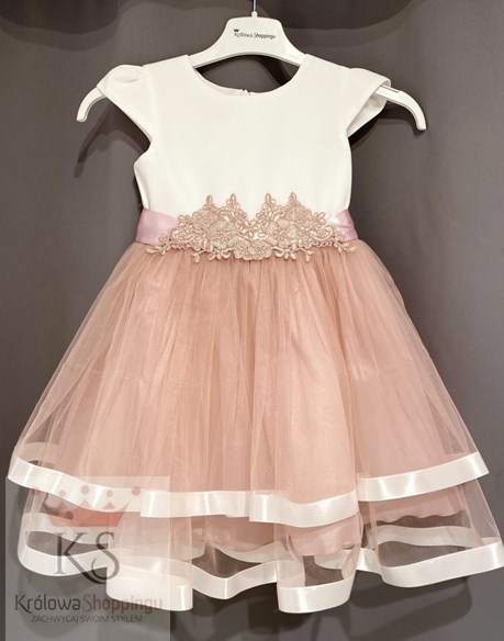 Sukienka dziecięca falbany ozdoba biel/wrzos