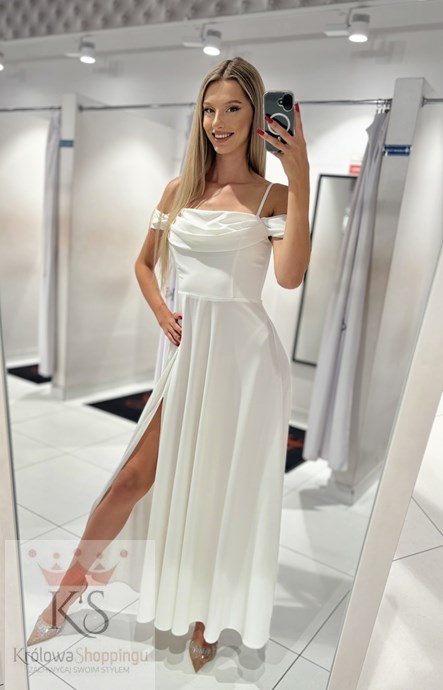 Sukienka długa opadający rękaw połysk biel