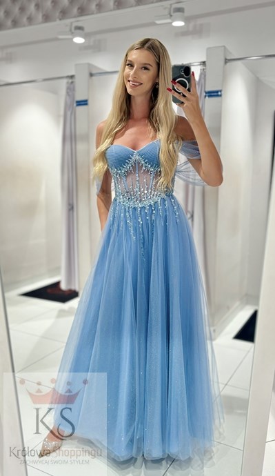 Sukienka długa gorset opadające rękawki tiul jeans