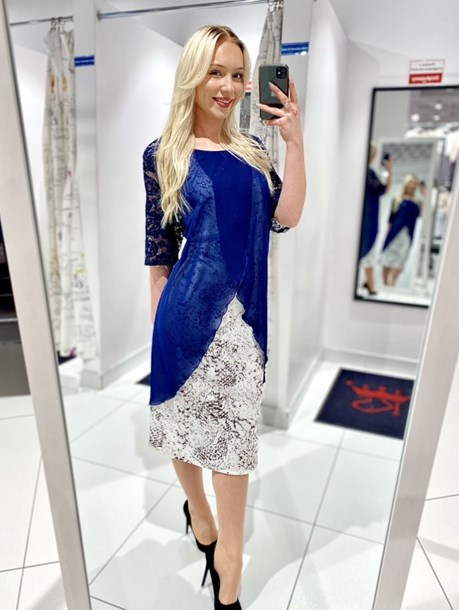 Sukienka krótka koronkowy rękawek granat/biel