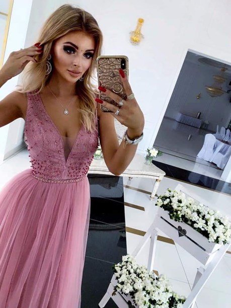 Sukienka długa tiulowa ozdobna góra wrzos