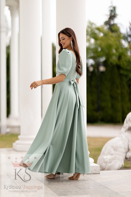 Sukienka długa 3/4 rękawek wiązanie plecy szałwia