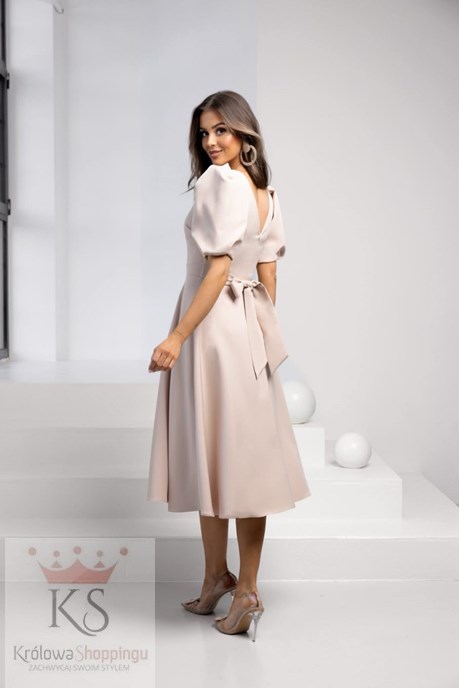 Sukienka midi rękawek dekolt V wiązanie beż