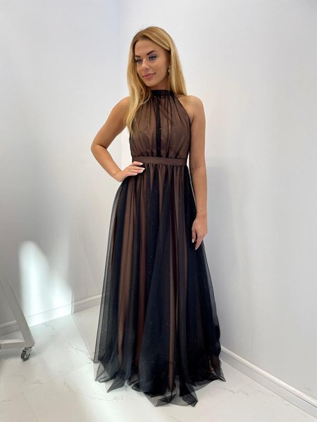 Sukienka długa wiązanie szyja tiul beż/czerń