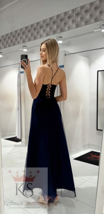 Sukienka długa tiul wiązane plecy brokat granat