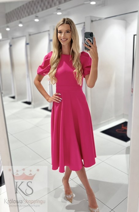 Sukienka midi guziki plecy rękawek wiązanie malina