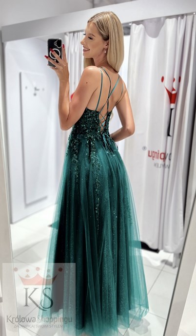 Sukienka długa gorset tiul brokat zieleń