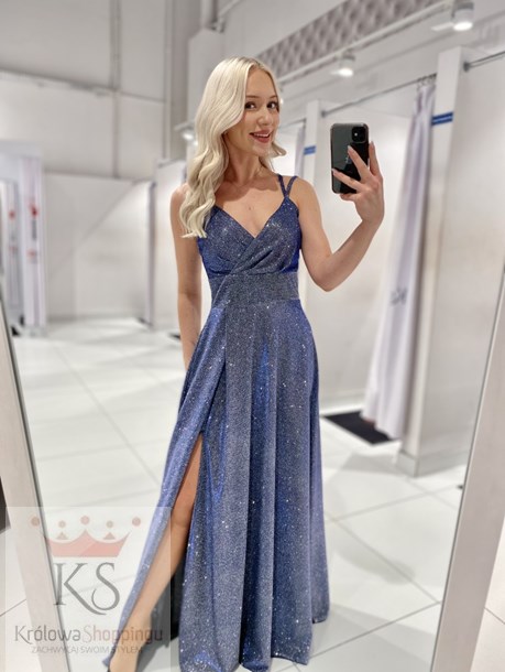 Sukienka długa rozkloszowana pas brokat srebro