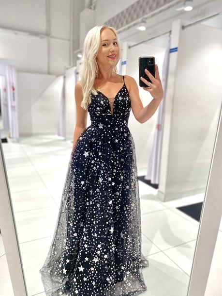 Sukienka długa wzór tiul cekin czerń/srebro