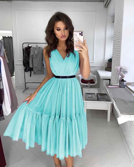 Sukienka midi tiul głęboki dekolt mięta