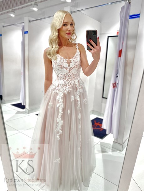 Sukienka długa tiul ramiączka koronka róż/biel