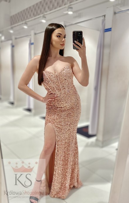 Sukienka długa zdobiony gorset cekiny pudowy