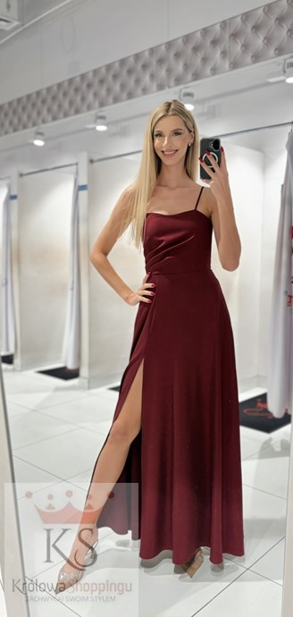 Sukienka długa wiązanie plecy połysk bordo