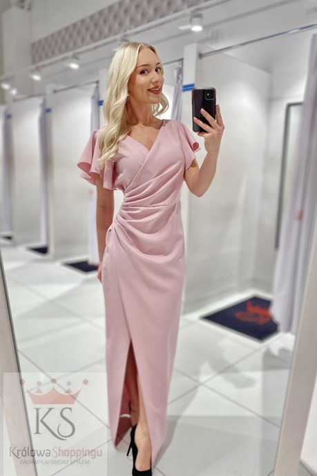 Sukienka długa dopasowana falbana rękaw róż