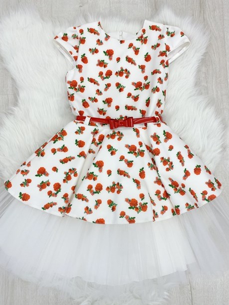 Sukienka dziecięca małe róże tiul na dole biel