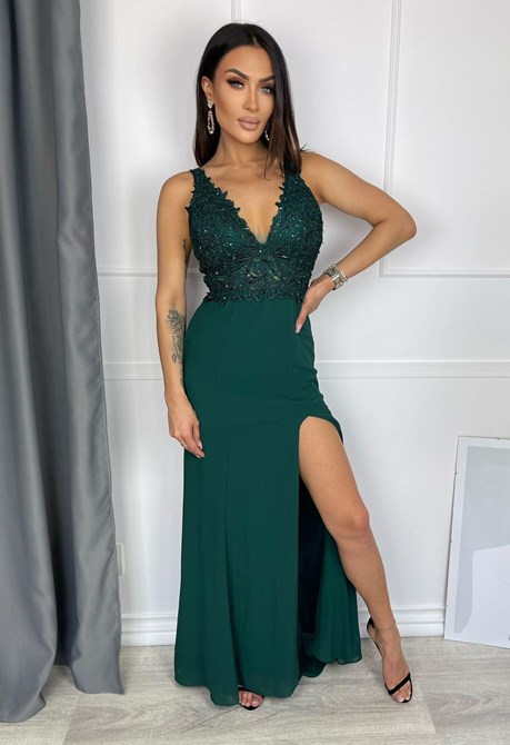 Sukienka długa zdobiona góra wycięcia zieleń