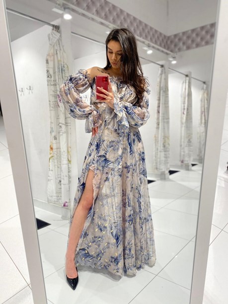 Sukienka długa hiszpanka rękaw kwiaty popiel