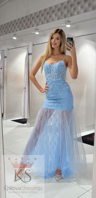 Sukienka długa rybka koronka zdobienia błękit