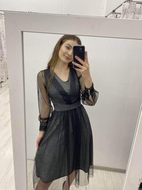 Sukienka midi rękaw brokat tiul czarny