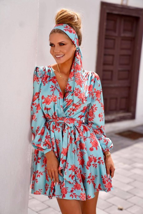 Sukienka krótka długi rękaw kwiaty całość turkus