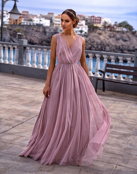 Sukienka długa tiul głęboki dekolt brokat wrzos