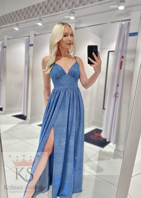 Sukienka długa ramiączka pas brokat błękit