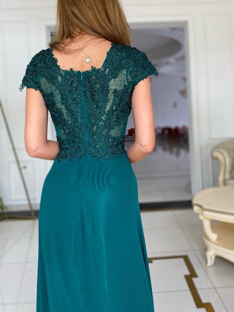 Sukienka długa góra koronka cekiny ciemny turkus
