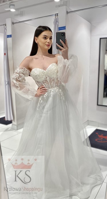 Sukienka długa gorset koronka rękaw tiul biel