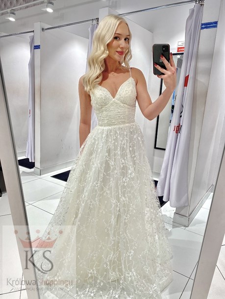 Sukienka długa ramiączka pas koronkowa biała